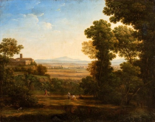 Wyimaginowany krajobraz z postaciami i wioską w tle, Claude Lorrain