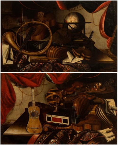 a) Martwa natura z instrumentami muzycznymi, globusem i nutami; b) Martwa natura z instrumentami muzycznymi, paletą, astrolabium i nutami. Para obrazów, Bartolomeo Bettera