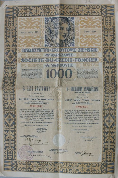 6% List zastawny na 1000 franków (1929), projekt Zofia Stryjeńska(1894-1976), Towarzystwo Kredytowe Ziemskie w Warszawie.
