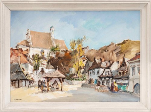 Kazimierz Dolny - Widok na kościół farny, 1979, Stanisław Łazorek