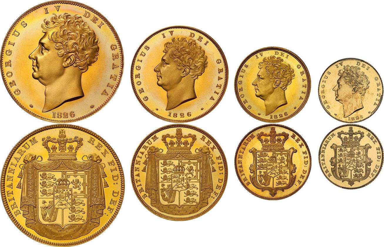 GREAT BRITAIN - UNITED KINGDOM Georges IV (1820-1830). Set (PROOF SET) of  11 coins, including 4 gold coins [5 pounds, 2 pounds, 1 sovereign and 1/2  sovereign]; 4 silver coins [Crown, half-crown,