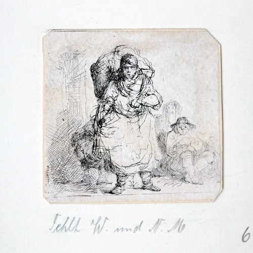Kobieta niosąca na plecach bagaże, obok niej widoczna sylwetka siedzącego mężczyzny, 1802, Michał Płoński