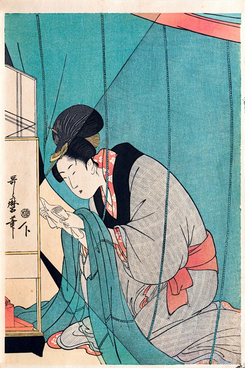 Kobieta czytająca list pod moskitierą, wyd. Takamizawa, Tokio/Japonia, okres Showa, ok. 1950 r., Kitagawa Utamaro