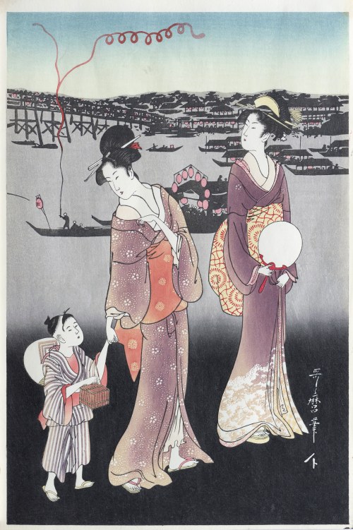 Sztuczne ognie na moście Ryogoku, cz.3, wyd. Takamizawa, Tokio/Japonia, okres Showa, ok. 1960 r., Kitagawa Utamaro