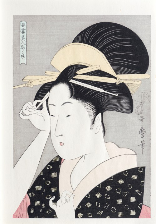 Piękność upinająca spinkę we włosy, wyd. Yuyudo, Japonia, okres Showa, ok. 1970 r., Kitagawa Utamaro