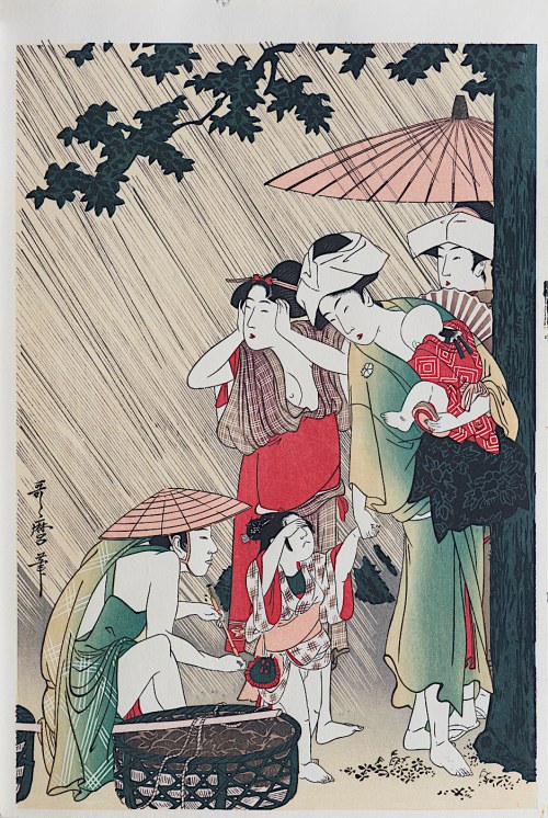 Schronienie przed deszczem pod wielkim drzewem, wyd. Kyoeido, Kioto/Japonia, lata 1960-1970, Kitagawa Utamaro