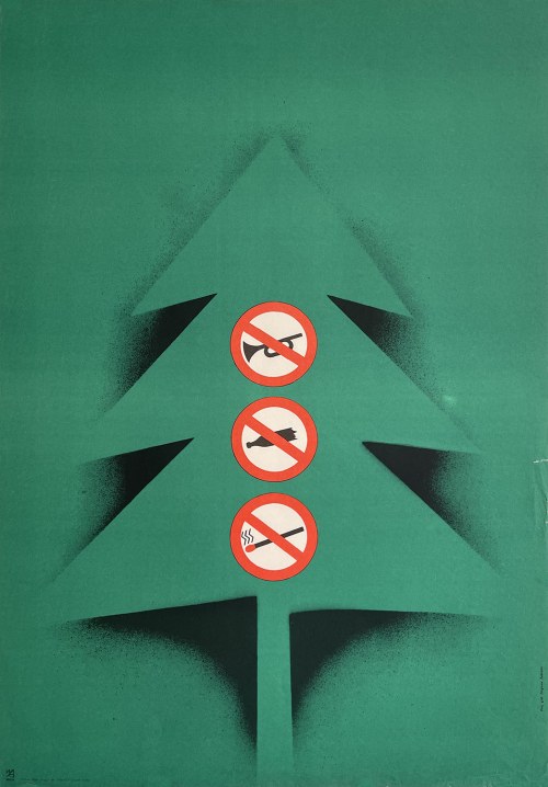 Plakat ze znakami zakazu na terenie leśnym, Zbigniew Żebracki