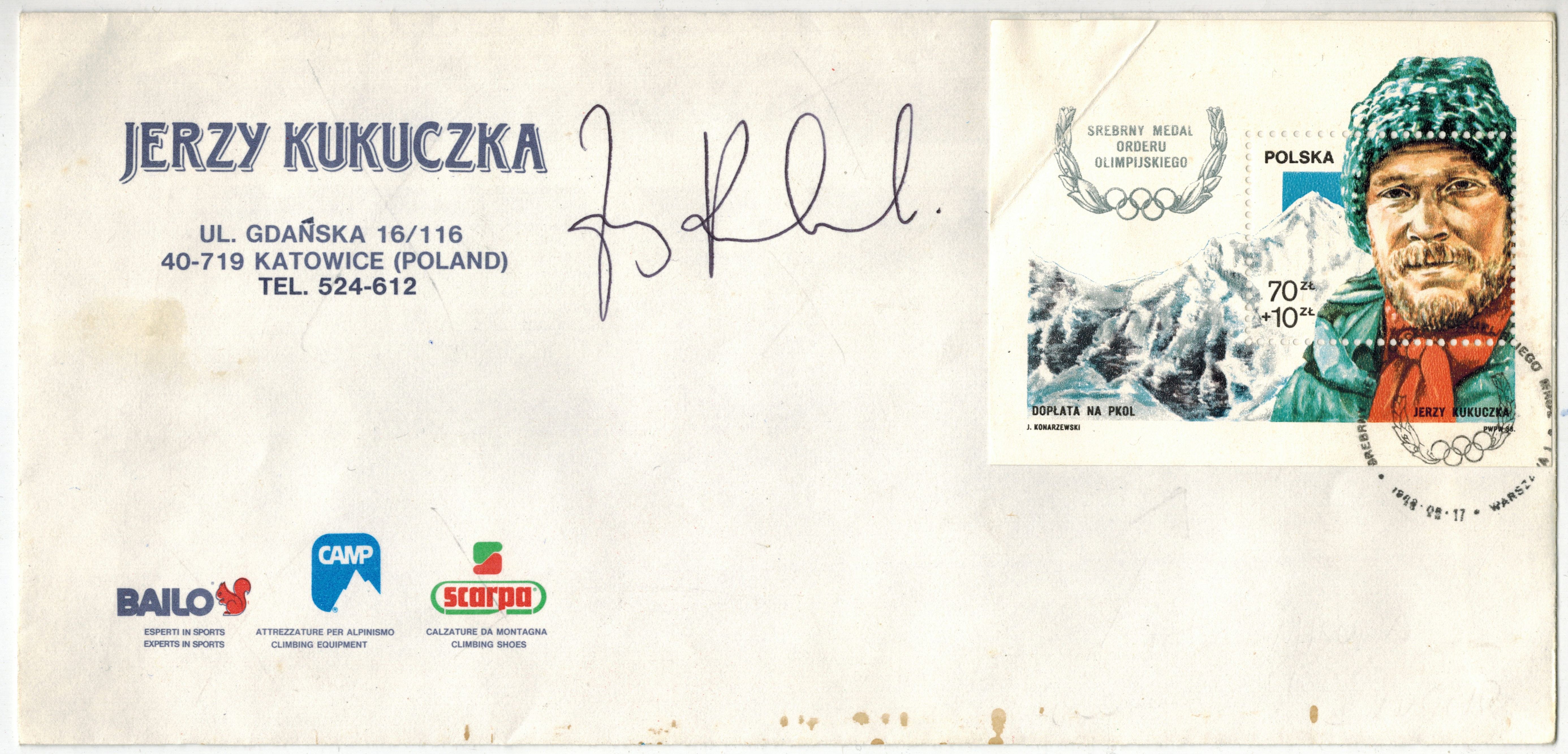 Kukuczka Jerzy - Autographed envelope, Olympic Order Silver Medal stamp  [1988]. - Online auction / Online bidding - Price - OneBid