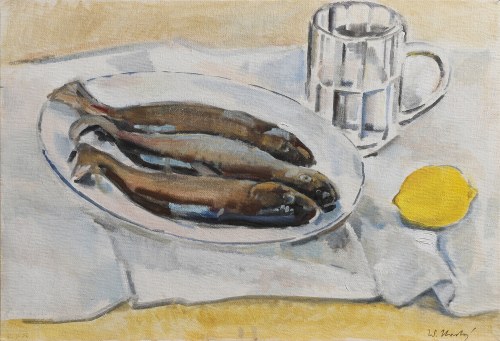 Martwa natura z rybami i cytryną, 1980?, Witold Nowicki