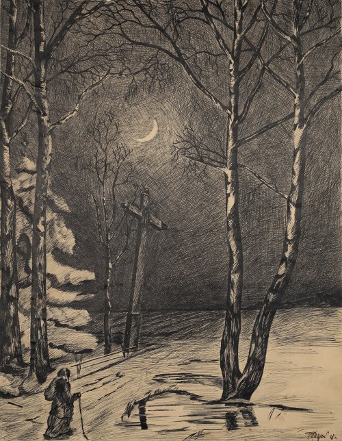 Wiejska droga z brzozami i krzyżem na Podlasiu, 1928, R. Ullgnow
