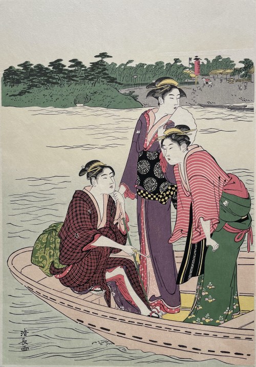 Prom na rzece Rokugo, wyd. Adachi, Japonia, ok. 1960 r., Torii Kiyonaga