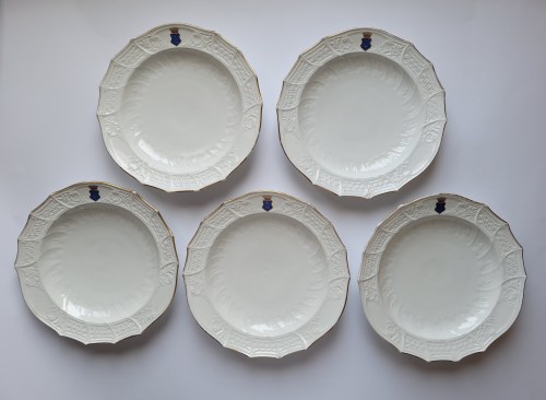 Czechy. Zestaw 5 porcelanowych talerzy głębokich, dużych, z polskim herbem Leliwa pod koroną hrabiowską, Fischer & Mieg