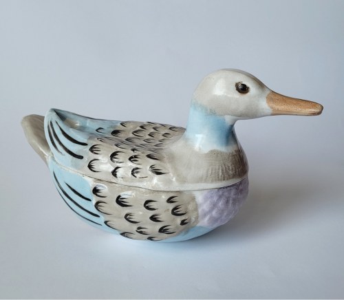 Ryga. Maselniczka porcelanowa w formie kaczki. Fabryka Porcelany M. S. Kuzniecow w Rydze, 1891-1917, Kuzniecow