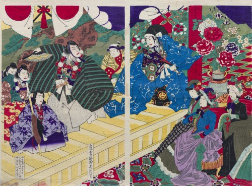 Przedstawienie teatru kabuki, Japonia, 1889 r., Toyohara Chikanobu