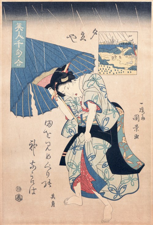 Deszcz i rozdarty parasol, z serii: Tysiąc wierszy o pięknych kobietach, Japonia, lata 1920- 1930, Utagawa Kunikage