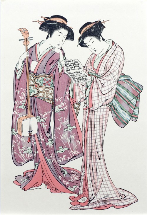 Dwie gejsze trzymające shamisen i śpiewnik, wyd. Adachi, Japonia, okres Showa (po 1960 r.), Kitao Shigemasa
