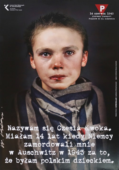 Czesia Kwoka. 14 czerwca 1940 - pierwszy transport Polaków do KL Auschwitz, 2023. Plakat z autografem., Wojciech Korkuć