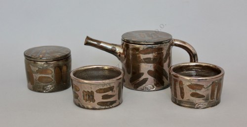 Miedziany połysk-komplet: dzbanek, cukiernica, 2 czarki, Donata Lesińska
