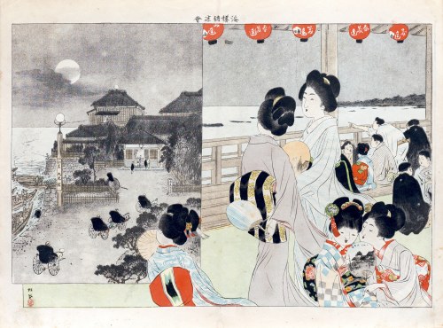 znany także jako Matsutani Shoun lub Yamamoto Shoun), Letnie przyjęcie nad morzem, z "Fuzoku Gaho", wyd. Yumani Shobo (Toyodo) Tokio, Japonia ok. 1900 r., Matsutani