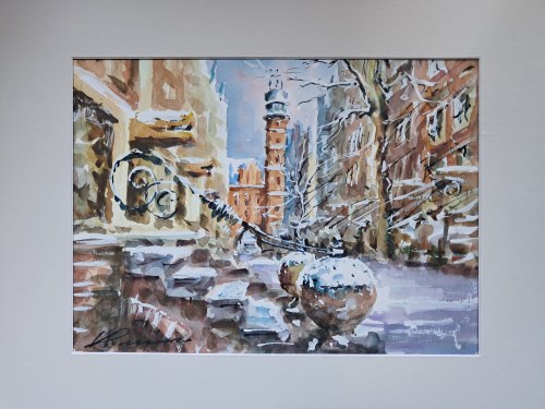 Mariacka Zimą, akwarela na papierze, Krzysztof Suchomski