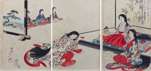 Onagare (Otrzymanie filiżanki sake), z serii: „Wnętrze pałacu Chiyoda”, wyd. Fukuda Hatsujiro, 1895 r., Toyohara Chikanobu
