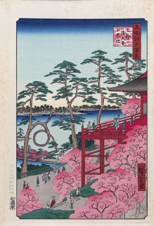 Kiyomizu Hall i staw Shinobazu w Ueno, z serii: „Sto słynnych widoków Edo”, wyd. Oedo Mokuhansha, Tokio/Japonia, po 1960 r., Utagawa Hiroshige