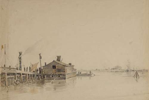 Port z barką i statkami, lata 40-50 XIX w., M. van der Moolen