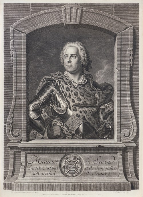 według Hyacintha Rigauda (1659 - 1743 ), Maurice de Saxe, książę Kurlandii i Semigali, marszałek Francji, w zbroi, wyd. Paryż/Francja, 1745 r., Johann Georg Wille