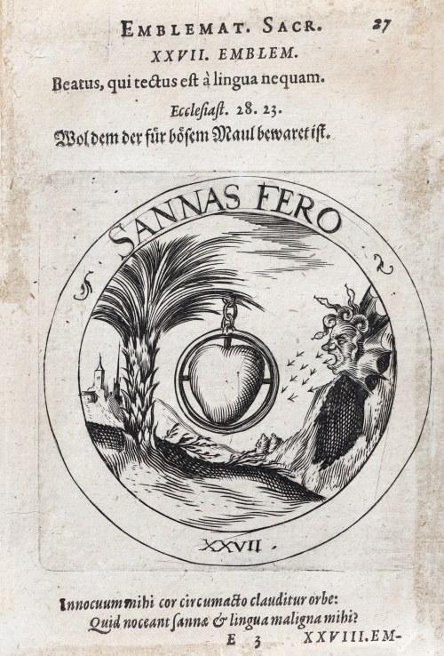 Szczęśliwy, kto chroniony przed złośliwym językiem, z: Emblematum Sacrorum, wyd. Frankfurt nad Menem, ok. 1650 r., Daniel Cramer