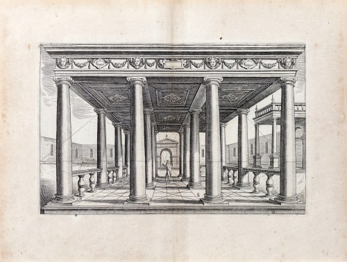 Kolumnada, z: Opera mathematica, czyli dzieła matematyczne dotyczące geometrii, perspektywy, architektury i fortyfikacji, wyd. Hendrik Hondius (1573-1650), Haga, Niderlandy, ok. 1615-1630 r., Hans Vredeman de Vries