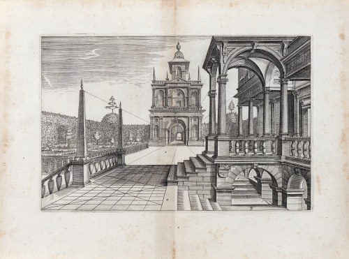 Architektoniczny widok perspektywiczny, z: Opera mathematica, czyli dzieła matematyczne dotyczące geometrii, perspektywy, architektury i fortyfikacji, wyd. Hendrik Hondius (1573-1650), Haga, Niderlandy, ok. 1615-1630 r., Hans Vredeman de Vries
