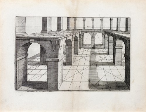 Perspektywa kolumnady, z: Opera mathematica, czyli dzieła matematyczne dotyczące geometrii, perspektywy, architektury i fortyfikacji, wyd. Hendrik Hondius (1573-1650), Haga, Niderlandy, ok. 1615-1630 r., Hans Vredeman de Vries