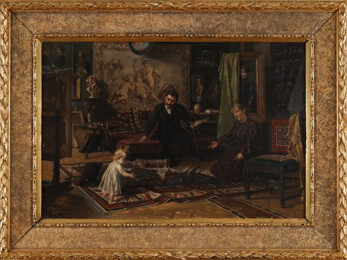 "Nauka chodzenia - rodzina artysty w atelier", Franciszek Daniszewski