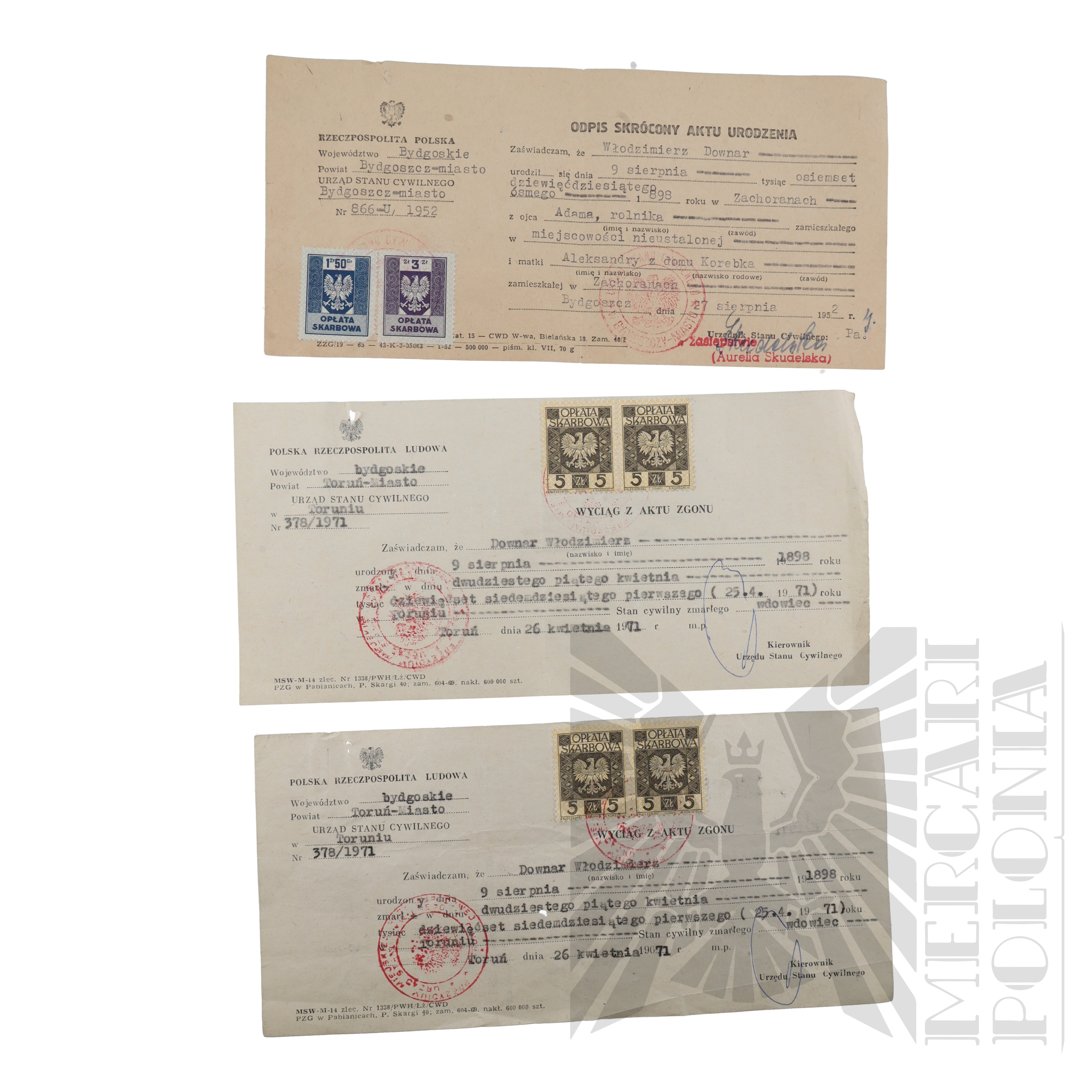 PRL - Trzy Akty Stanu Cywilnego Włodzimierza Downara. Odpis Skrócony ...