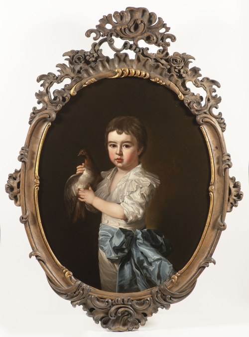 Portret dziecka z ptakiem., XIX-wieczny malarz