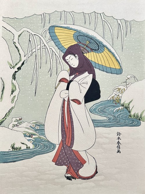 Z parasolką wśród śniegów [odbitka z II poł. XX w.], Suzuki Harunobu
