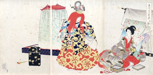 Spektakl Mikagura, z serii: „Wnętrze pałacu Chiyoda”, wyd. Fukuda Hatsujiro, 1895 r., Toyohara Chikanobu