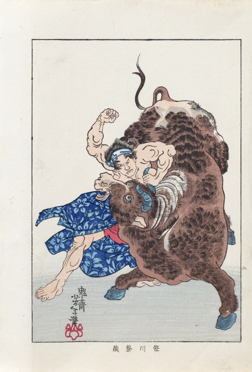 Kasagawa Higezō poskramiający wołu, z serii: „Biografie współczesnych mężczyzn”, wyd. Nippon Bijjutsu Dokokai, Japonia, 1920 r., Tsukioka Yoshitoshi