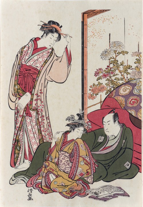 Aktor Ichikawa Monnosuke i gejsze, wyd. Muzeum Narodowe w Tokio, Japonia, ok. 1948 r., Torii Kiyonaga