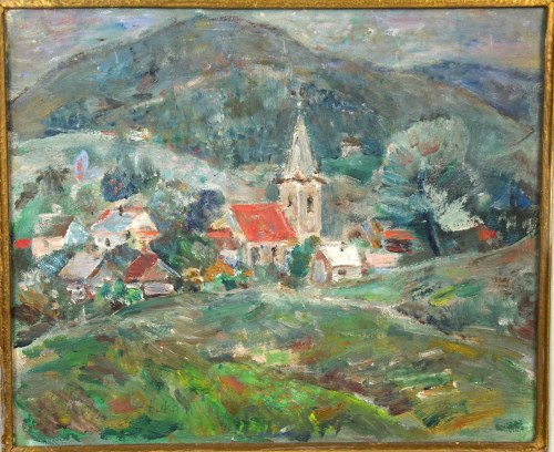 "Miasteczko w górach", olej;, Eugeniusz Tukan-Wolski