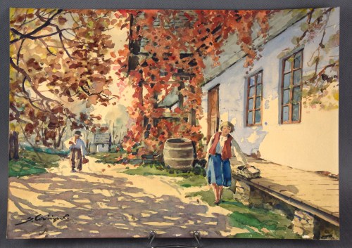 "Scena wiejska jesienią", akwarela;, Stanisław Gibiński