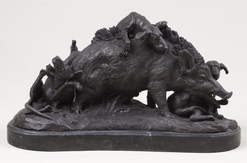Francja XIX/XX w. (1855 - 1924), Osaczony dzik, o. 1890, Prosper Lecourtier
