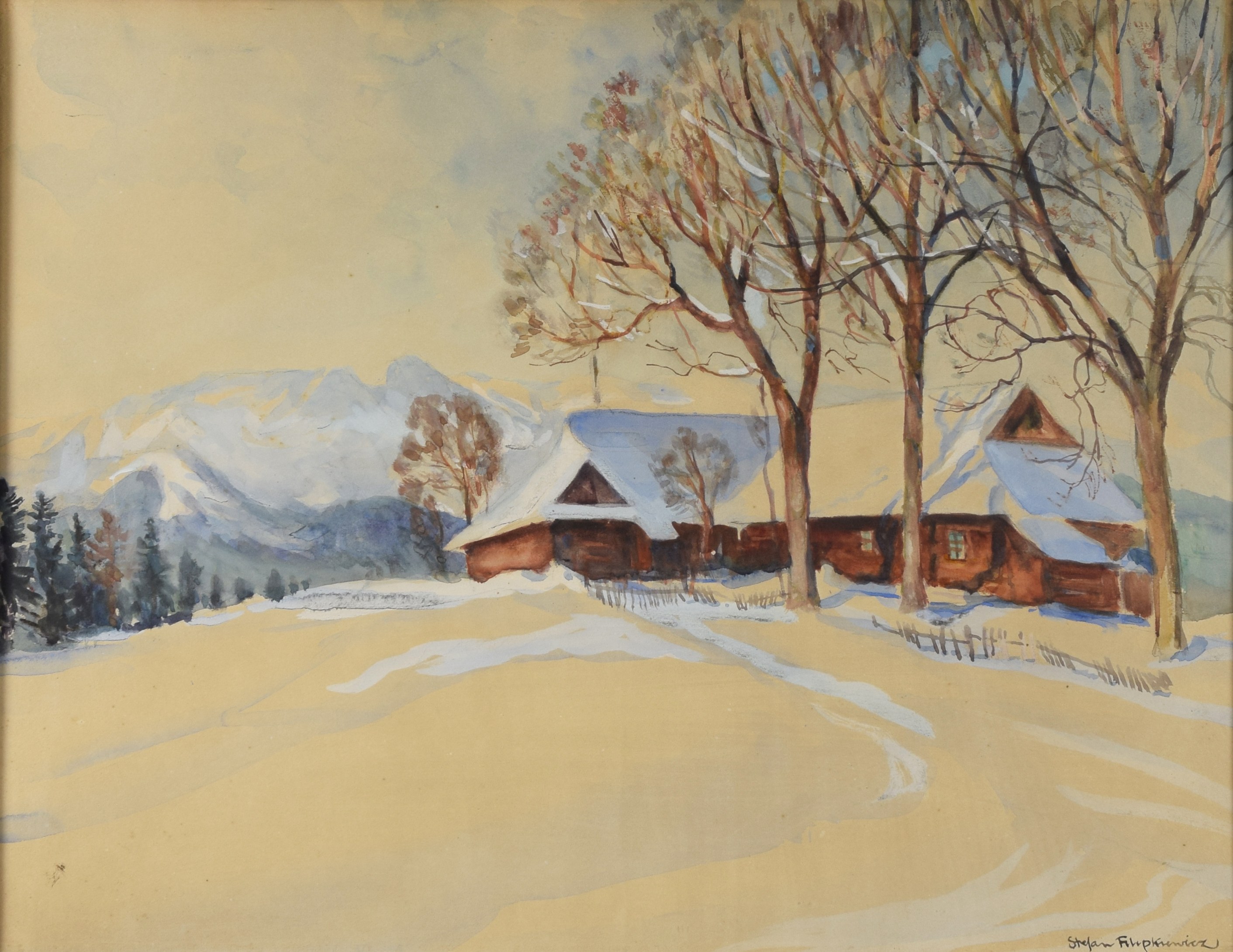 Stefan FILIPKIEWICZ 1879 1944 Pejza Zimowy Z Chatami Aukcja stefan-filipkiewicz-1879-1944-pejza-zimowy-z-chatami-aukcja