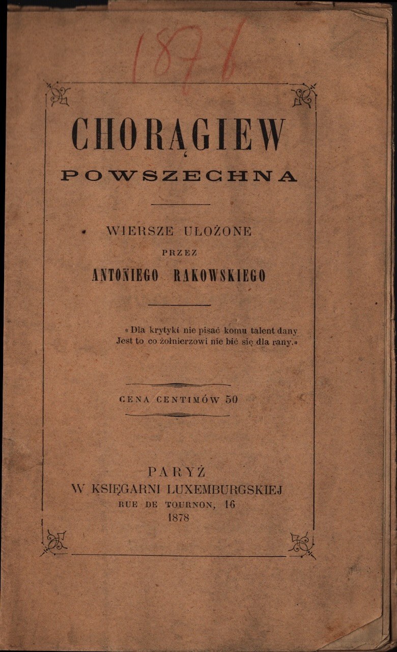 [XIX WIEK] RAKOWSKI Antoni - The Common Chant. Poems arranged by ...