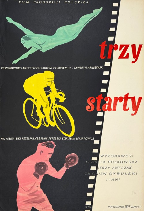 Trzy starty, plakat filmowy, 1955, Witold Chmielewski
