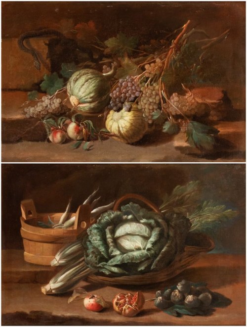 a) Martwa natura z winogronami, dyniami, brzoskwiniami i wężem; b) Martwa natura z kapustą, selerem, granatami i figami. Para obrazów, Nicola Levoli