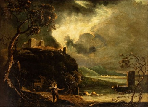 Pejzaż z podróżnikiem, zerwanym mostem, twierdzą, rzeką i miastem w tle, Richard Wilson