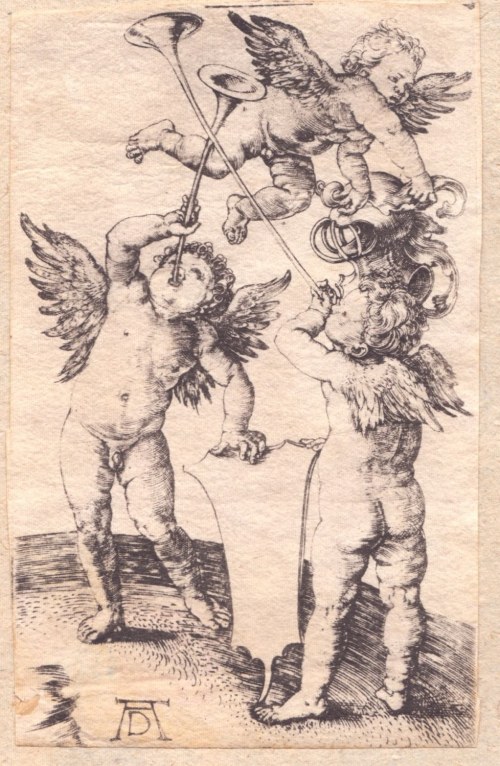 Albrecht Durer Trzy putta z trąbami, tarczą i hełmem,, Albrecht Dürer