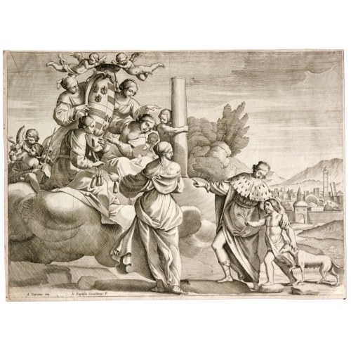 Giovanni Battista Coriolano Alegoria prawa, z widokiem Bolonii w tle, według Alessandro Tiariniego,, Giovanni Battista Coriolano