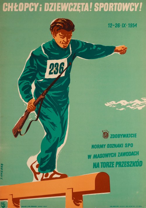 Chłopcy i dziewczęta! Sportowcy! Zdobywajcie normy, odznaki SPO w masowych zawodach na torze przeszkód, 1954, Jerzy Cherka
